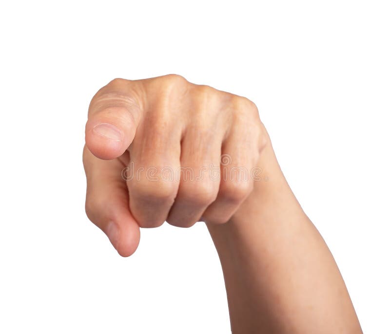 Wrinkled hand pointing forward with index finger, symbolizing blame, choice, or focus. Closeup shot royalty free stock image
