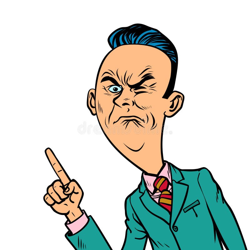 Wrinkled nasty bad businessman points finger gesture stock illustration
