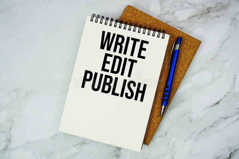 Write Edit Publish text written on notepad with pen on marble background stock photos