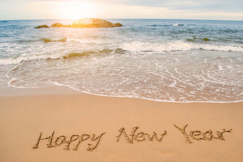 Write Happy New Year On Beach Stock Photo Image 63385754