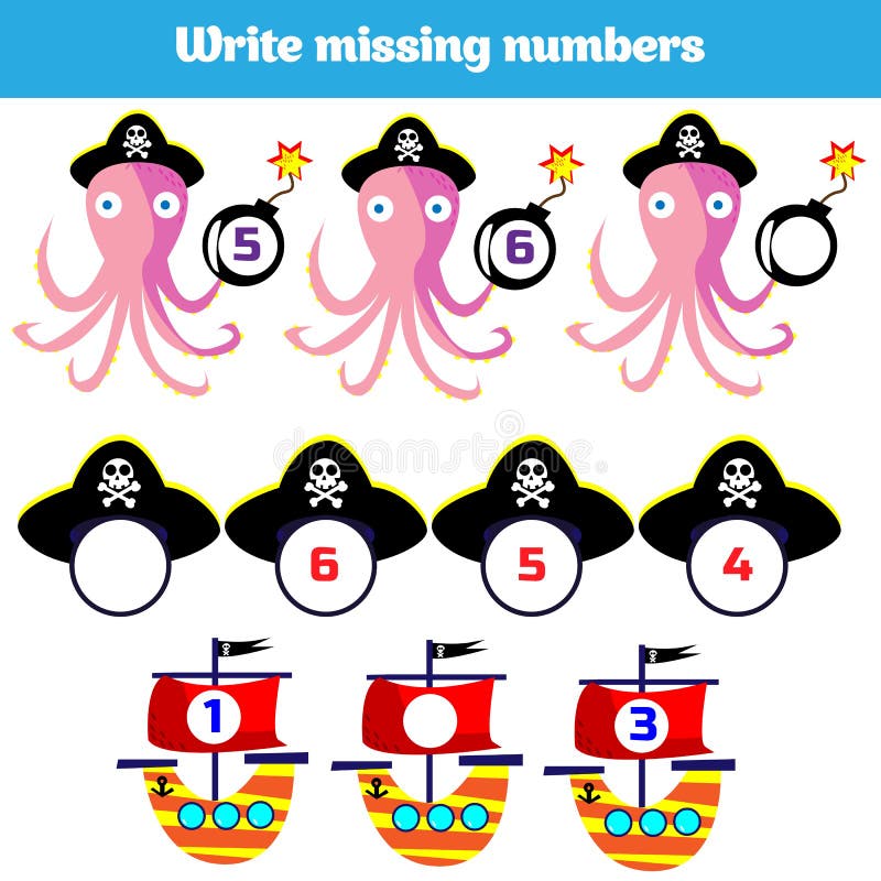 Write the missing number. Mathematics educational game for children. Complete the row, write missing numbers vector illustration Write the missing number. Mathematics educational game for children. Complete the row, write missing numbers vector illustration