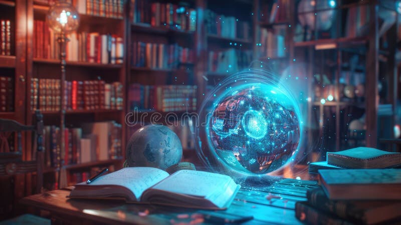 Writer with AI in Cozy Library AIG60 royalty free stock photography