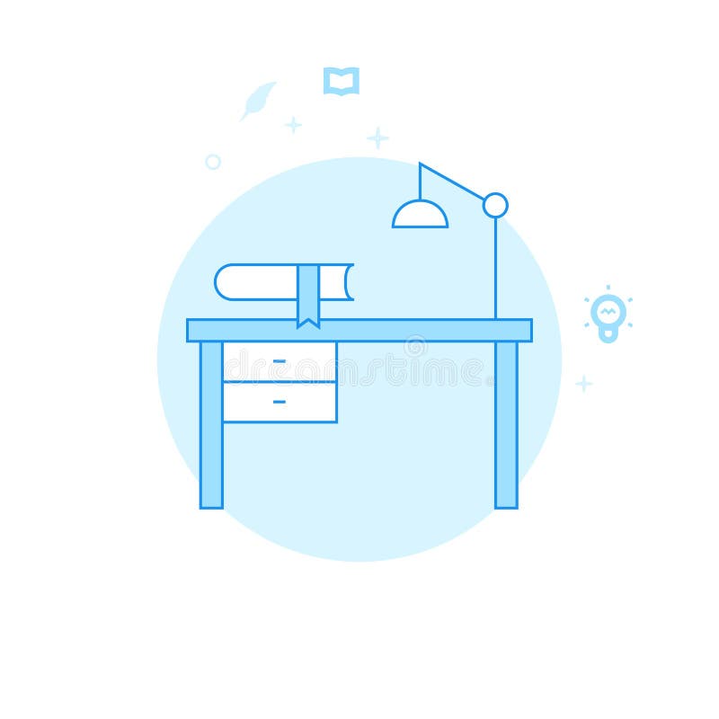 Writer Desk, Workplace Flat Vector Illustration, Icon. Light Blue