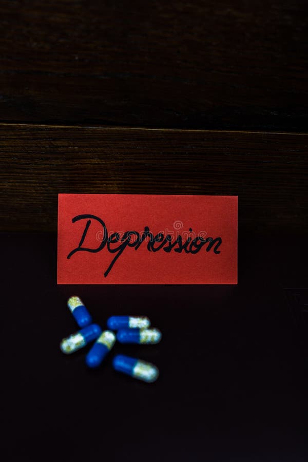 Writing Depression on Label. Label with Text Depression and Medicines