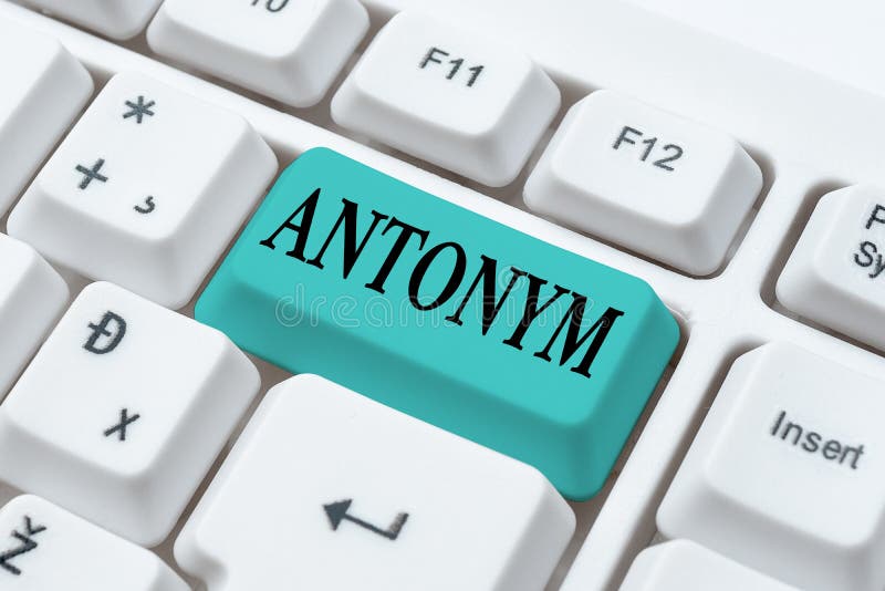 Writing displaying text Antonym. Word for word or phrase whose meaning is the opposite of another word Typing stock photography