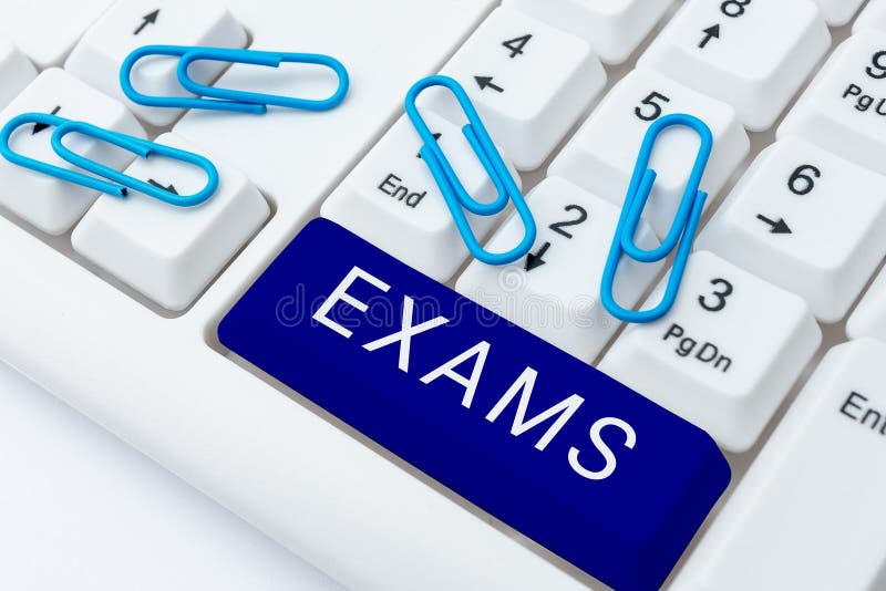 Writing displaying text Exams. Business approach test of a specified kind to prove your strength and weakness stock image
