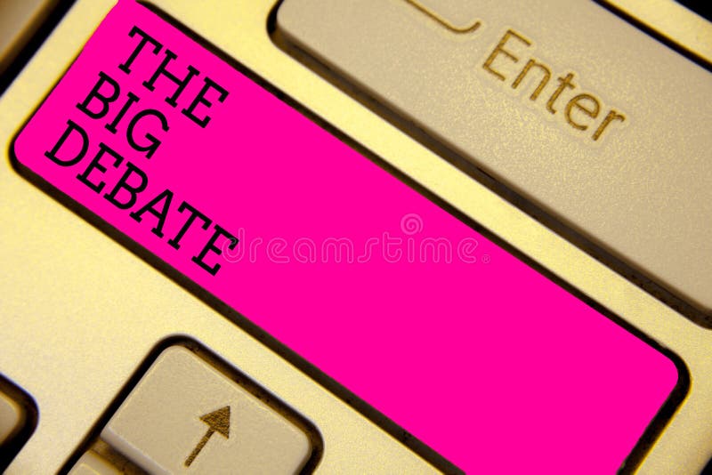 Writing note showing The Big Debate. Business photo showcasing Lecture Speech Congress presentation Arguments Differences Keyboard. Pink key Intention computer stock photo Writing note showing The Big Debate. Business photo showcasing Lecture Speech Congress presentation Arguments Differences Keyboard. Pink key Intention computer stock photo