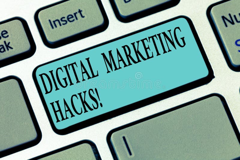 Writing note showing Digital Marketing Hacks. Business photo showcasing Using skills or system hacking to generate leads Keyboard key Intention to create computer message pressing keypad idea