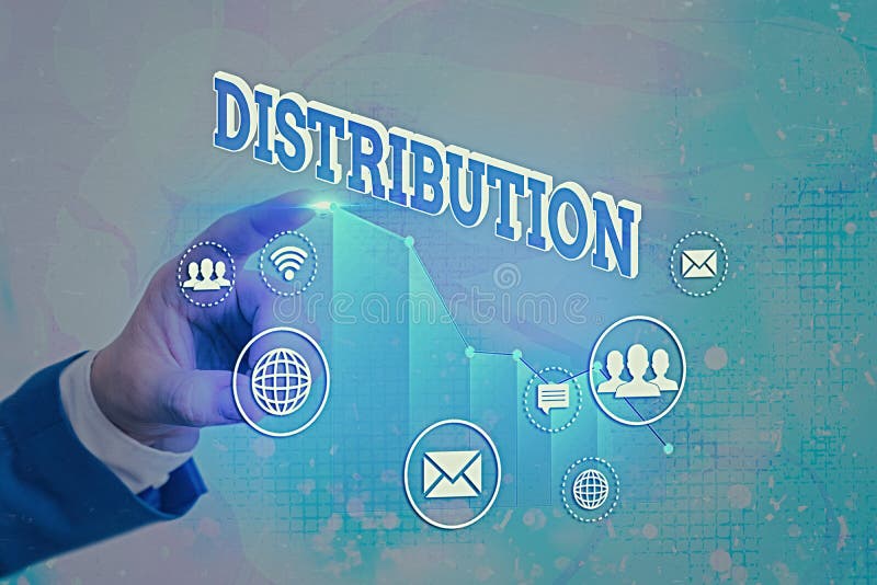 Writing note showing Distribution. Business photo showcasing position, arrangement, or frequency of occurrence over an. Business concept for position, arrangement, or frequency of occurrence over an area Arrow symbol going upward showing significant achievement.
