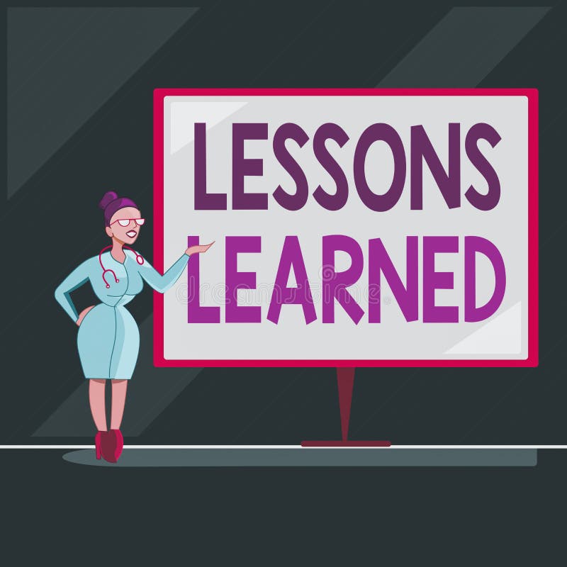 Writing note showing Lessons Learned. Business photo showcasing the knowledge or understanding gained by experience stock illustration