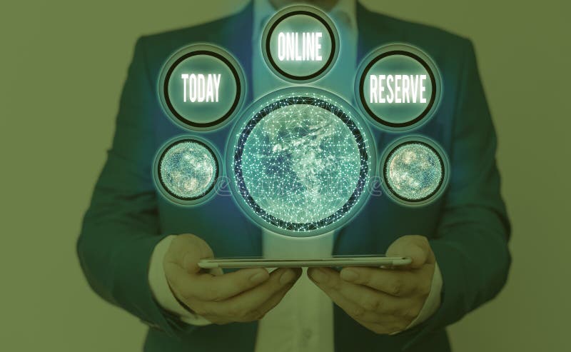 Writing note showing Online Reserve. Business photo showcasing enables customers to check availability and book online. Business concept for enables customers to check availability and book online Elements of this image furnished by NASA.