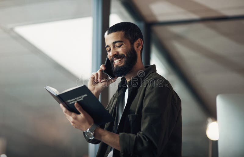 Writing, phone call and notebook with business man in office for schedule, planning and editor feedback. Idea, author stock photo