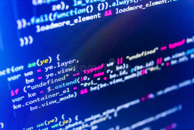 Writing programming code on laptop. Binary digits code editing. Computer program preview. stock image