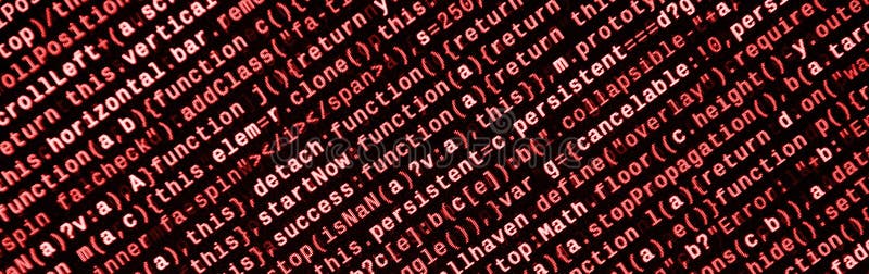 Writing programming code on laptop. Digital binary data on computer screen stock image