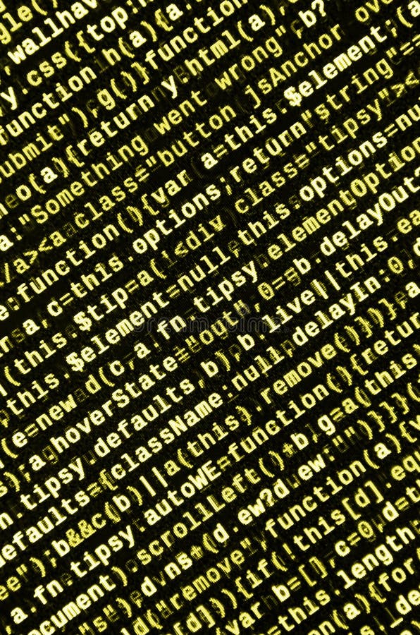 Writing programming code on laptop. Digital binary data on computer screen stock image