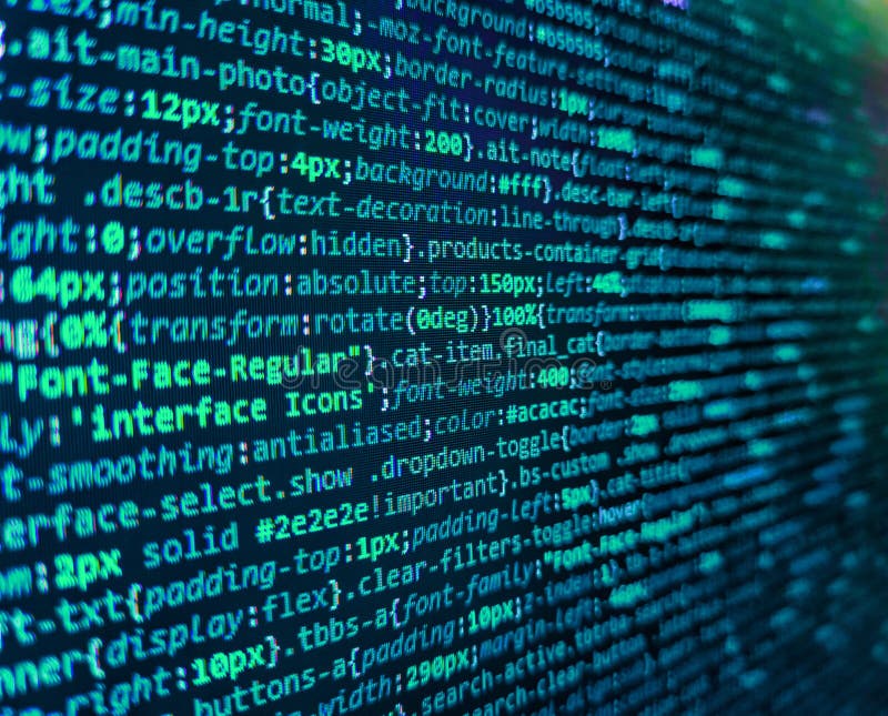 Writing programming functions on laptop. HTML code on lcd screen. Modern technologies, web cascading design. Photo of computer stock photos