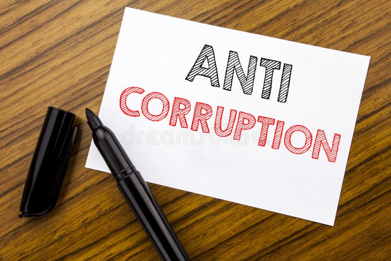 Writing text showing Anti Corruption. Business concept for Bribery Corrupt Text written on sticky note paper on the wooden backgro stock photo