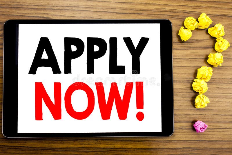 Writing text showing Apply Now. Business concept for Job Hiring Application written on tablet computer on the wooden background w royalty free stock photography