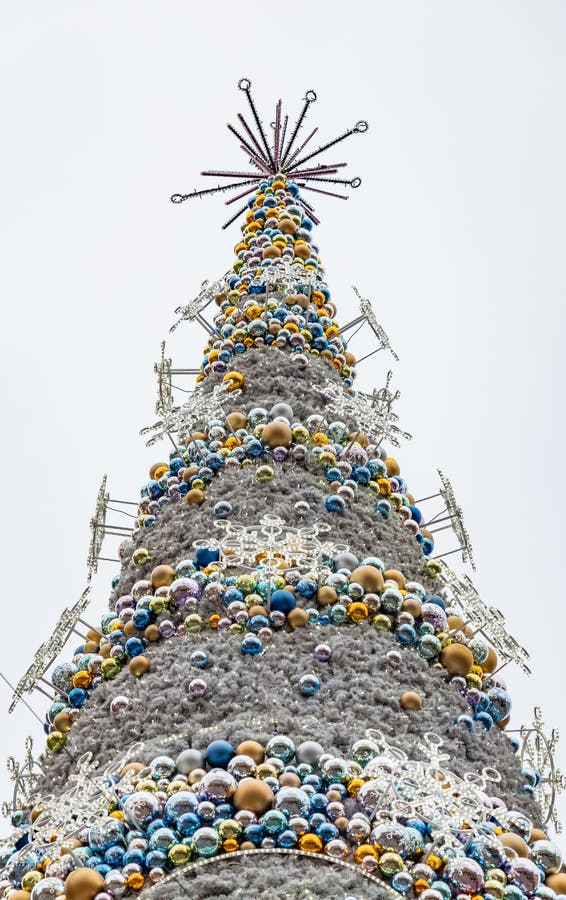 Upward View To Peak of Huge Christmas Tree at Market Square Stock Photo