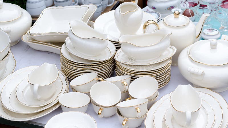 Wroclaw, Poland - 01.12.2019: huge white porcelain set on the Flea Market, swap meet in Wroclaw, Poland