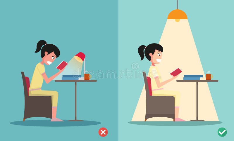 Wrong and Right for Proper Lighting in the Room Illustration Stock Vector - Illustration of health, isolated: 69436601