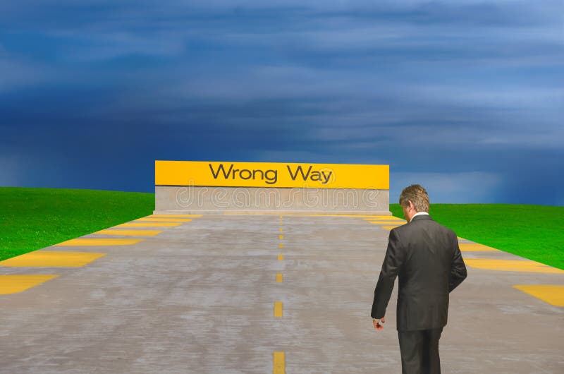 Wrong way sign with confused lost man