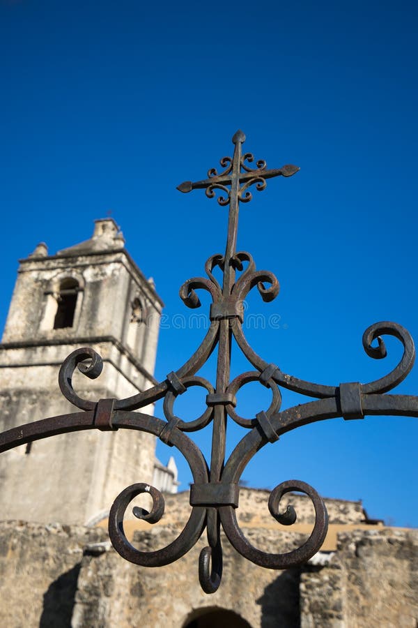 Wrought iron cross at mission concepcion texas