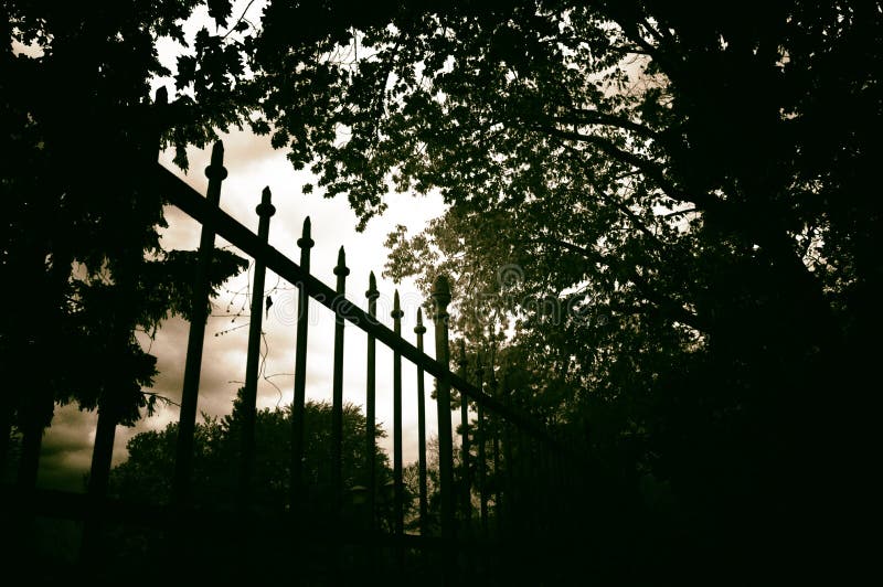 Spooky graveyard wrought iron fence in a dusk,with heavy grey clouds and dark tree branches around.Black and white version.