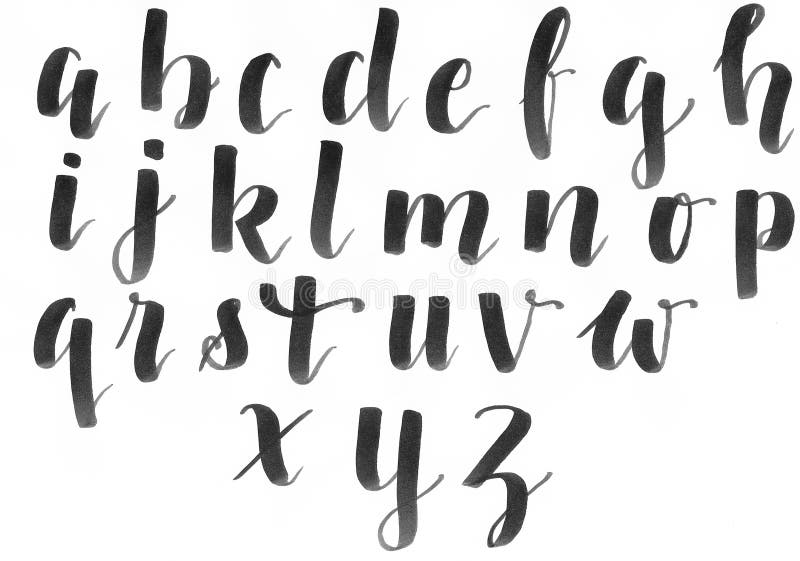 Wręcza literowanie, nowożytny kaligrafii abecadło w czerni na białym papierze, ręcznie pisany z osobistą chrzcielnicą ilustracji Wręcza literowanie, nowożytny kaligrafii abecadło w czerni na białym papierze, ręcznie pisany z osobistą chrzcielnicą ilustracji