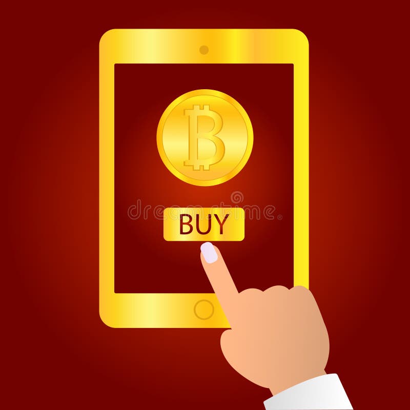 Wręcza mieniu złocistego pastylka przyrząd odizolowywającego na czerwonym tle Pastylka na istot ludzkich rękach z bitcoin palcem ilustracji Wręcza mieniu złocistego pastylka przyrząd odizolowywającego na czerwonym tle Pastylka na istot ludzkich rękach z bitcoin palcem ilustracji