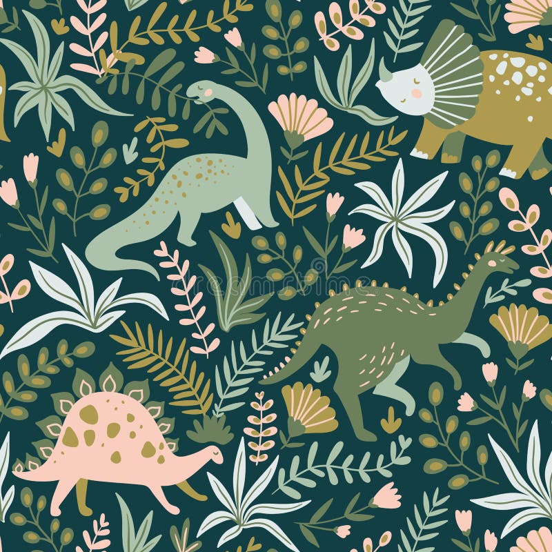 Wręcza patroszonego bezszwowego wzór z dinosaurami, tropikalnymi liście i kwiaty również zwrócić corel ilustracji wektora