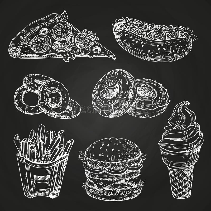 Wręcza patroszonego popularnego fast food na blackboard wektoru ilustracji ilustracja wektor Wręcza patroszonego popularnego fast food na blackboard wektoru ilustracji ilustracja wektor