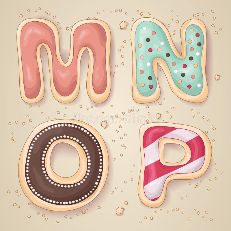 Hand drawn letters of the alphabet M through P in the shape of delicious and colorful cookies. Hand drawn letters of the alphabet M through P in the shape of delicious and colorful cookies