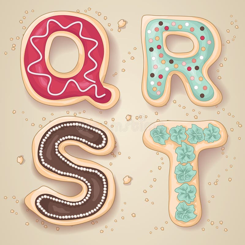Hand drawn letters of the alphabet Q through T in the shape of delicious and colorful cookies. Hand drawn letters of the alphabet Q through T in the shape of delicious and colorful cookies
