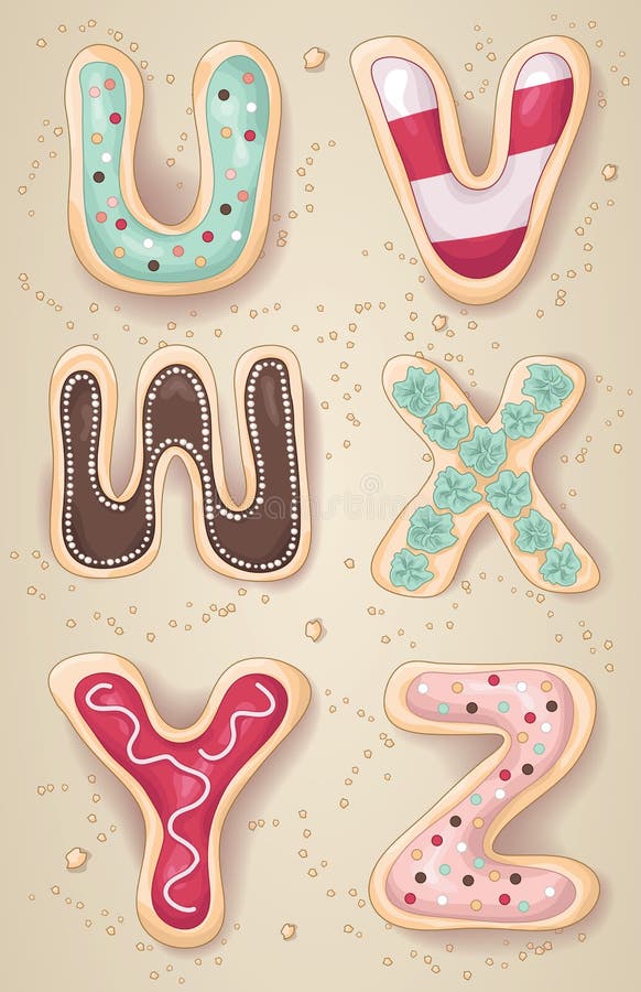 Hand drawn letters of the alphabet U through Z in the shape of delicious and colorful cookies. Hand drawn letters of the alphabet U through Z in the shape of delicious and colorful cookies