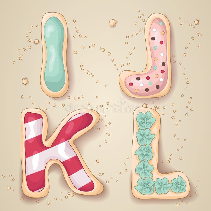 Hand drawn letters of the alphabet I through L in the shape of delicious and colorful cookies. Hand drawn letters of the alphabet I through L in the shape of delicious and colorful cookies