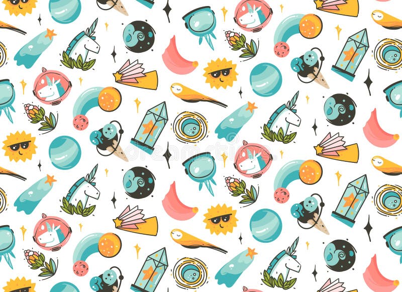 Wręcza patroszonym wektorowym abstrakcjonistycznym graficznym kreatywnie kreskówek ilustracjom bezszwowego wzór z jednorożec star royalty ilustracja Wręcza patroszonym wektorowym abstrakcjonistycznym graficznym kreatywnie kreskówek ilustracjom bezszwowego wzór z jednorożec star royalty ilustracja
