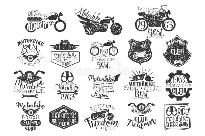 Wręcza rysującego set motocykli/lów znaczki dla lub logowie rowerzysty klubu, remontowej usługa lub motocykl części sklepu, Orygi ilustracji Wręcza rysującego set motocykli/lów znaczki dla lub logowie rowerzysty klubu, remontowej usługa lub motocykl części sklepu, Orygi ilustracji