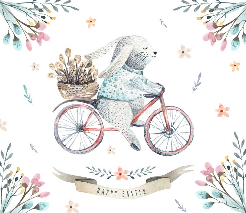 Wręcza rysunkowych Easter akwareli kreskówki króliki z liśćmi, otręby ilustracja wektor Wręcza rysunkowych Easter akwareli kreskówki króliki z liśćmi, otręby ilustracja wektor