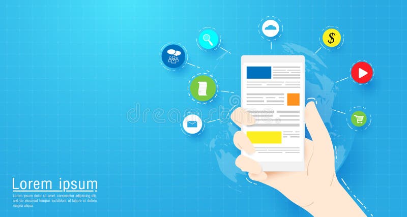 Wręcza trzymać Mądrze telefon z Ogólnospołecznymi środkami i sieci ikonami Płaska wektorowa ilustracja ilustracji Wręcza trzymać Mądrze telefon z Ogólnospołecznymi środkami i sieci ikonami Płaska wektorowa ilustracja ilustracji