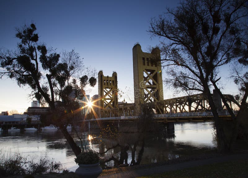 Sunrise Tower Bridge Sacramento River Sun Flare. Sunrise Tower Bridge Sacramento River Sun Flare