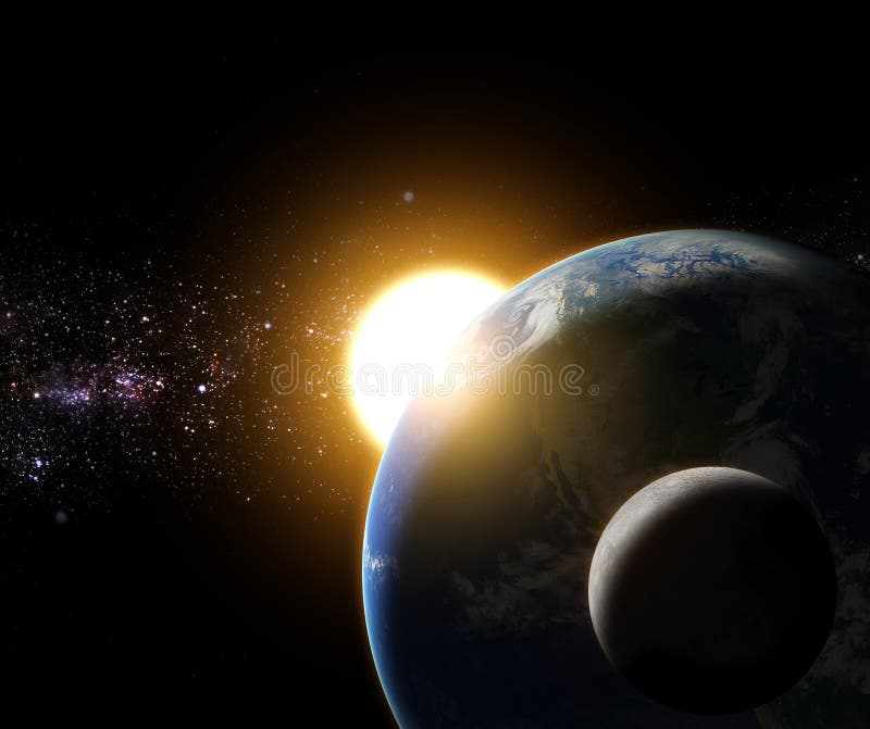 Wschód słońca ziemia i księżyc w galaxy przestrzeni elemencie kończył b zdjęcie stock Wschód słońca ziemia i księżyc w galaxy przestrzeni elemencie kończył b zdjęcie stock
