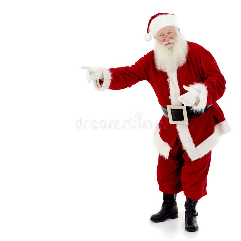 Santa Claus standing and pointing to copy space, white background, full length, square. Santa Claus standing and pointing to copy space, white background, full length, square
