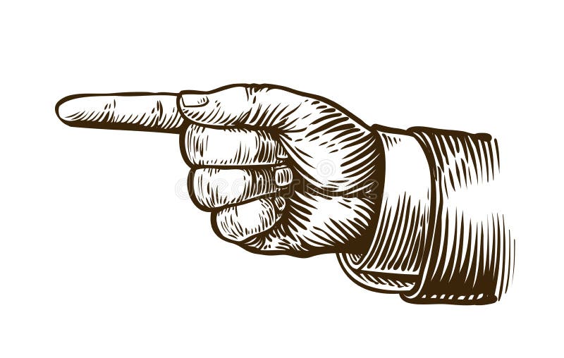 Wskazywać ręki nakreślenie Forefinger, palec wskazujący Rocznik, retro wektorowa ilustracja