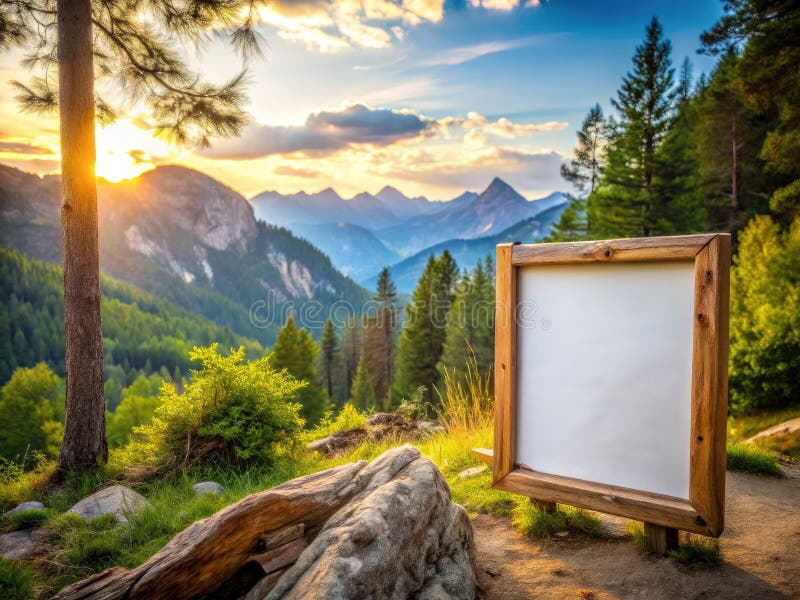 Wspaniała fotografia natury, jasna górska sceneria ukazana na rustykowej, białej drewnianej ramie ilustracji