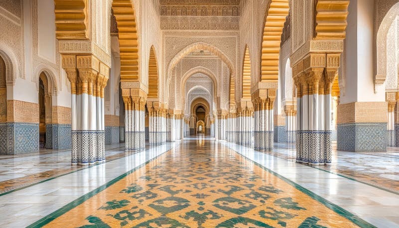 Wspaniała symetria architektury moroccan i skomplikowane szczegóły w pałacu majestatycznym royalty ilustracja