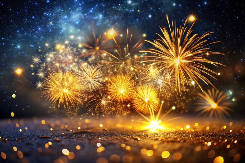 Wspaniałe Miniaturowe Złote Wybuchy Fireworks w TiltShift Night Sky Wspaniałe Iluzja Optyczna ilustracja wektor