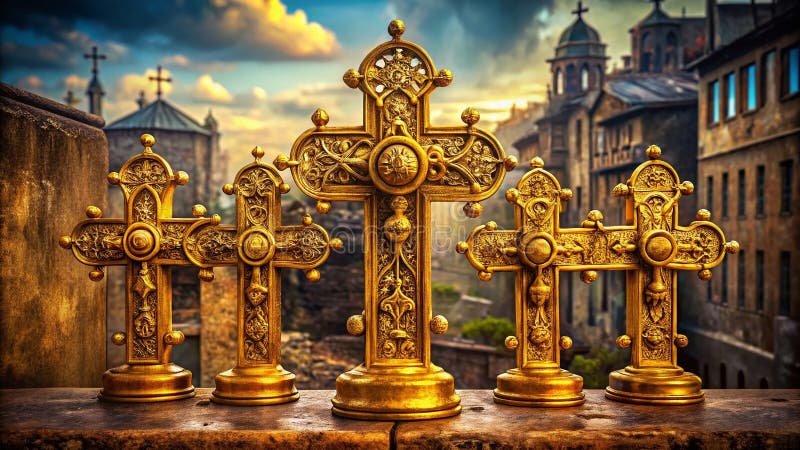 Wspaniałe złoto krzyżuje kolekcję eleganckich symboli religijnych dla ducha wiary i ozdobnych akcentów domowych ilustracji