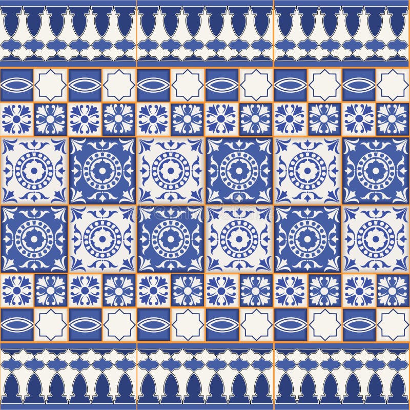 Wspaniały bezszwowy wzór od płytek i granicy Marokańczyk, portugalczyk, Azulejo ornamenty ilustracji Wspaniały bezszwowy wzór od płytek i granicy Marokańczyk, portugalczyk, Azulejo ornamenty ilustracji