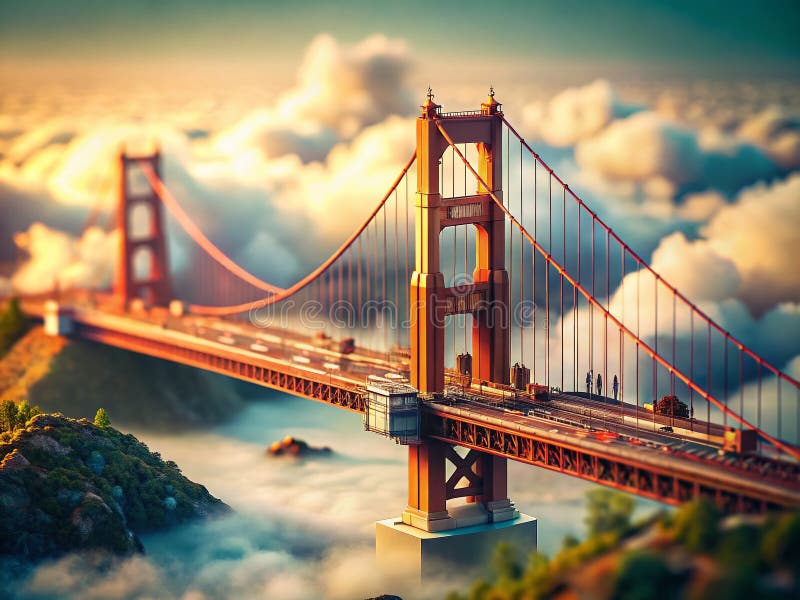 Wspaniały Most Złotej Bramy Miniaturowej w mglistym dniu z perspektywą TiltShift ujawniający szczegóły architektoniczne royalty ilustracja